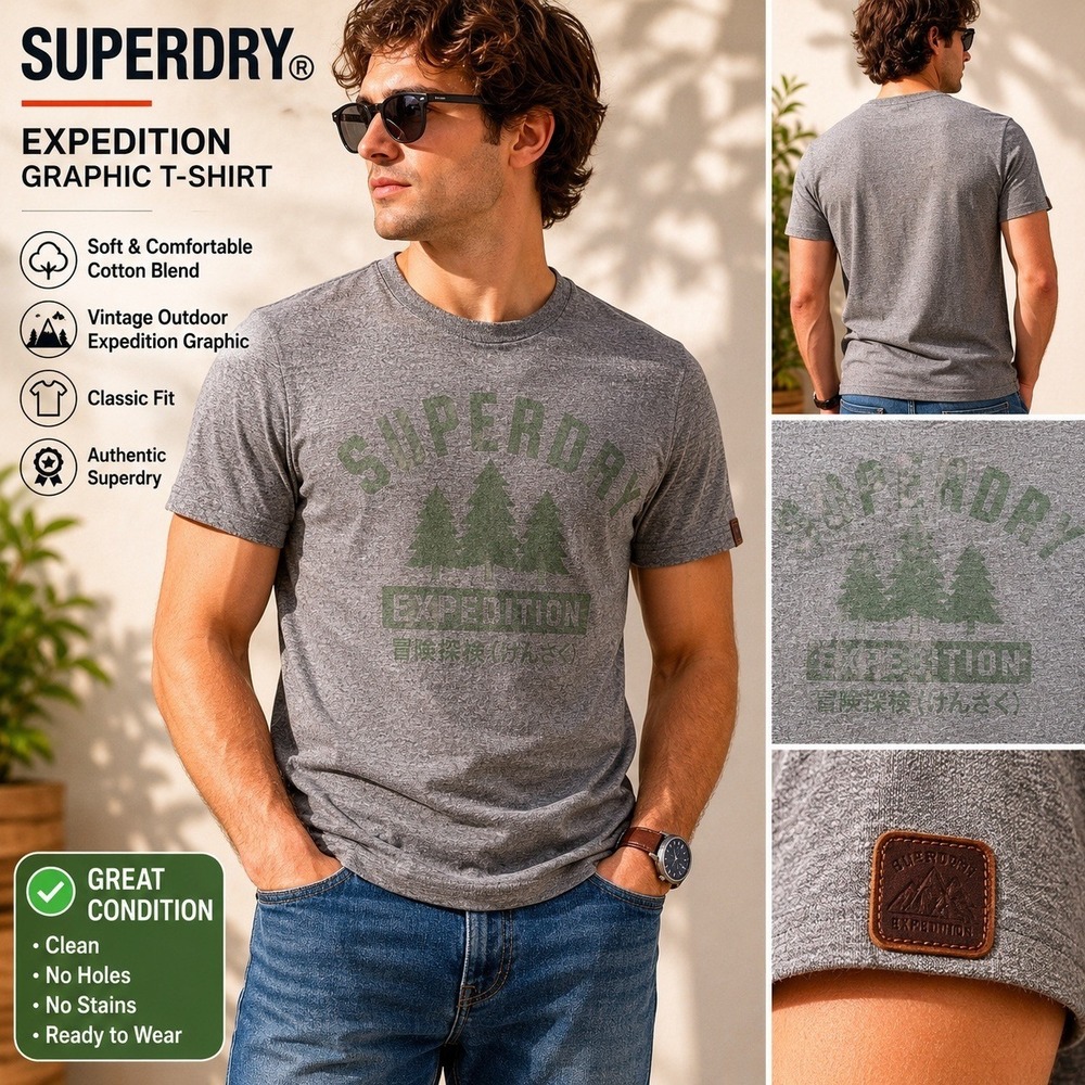 Superdry Expedition TShirt Men 2XL Grey Heathered Graphic Outdoor Leather Patch